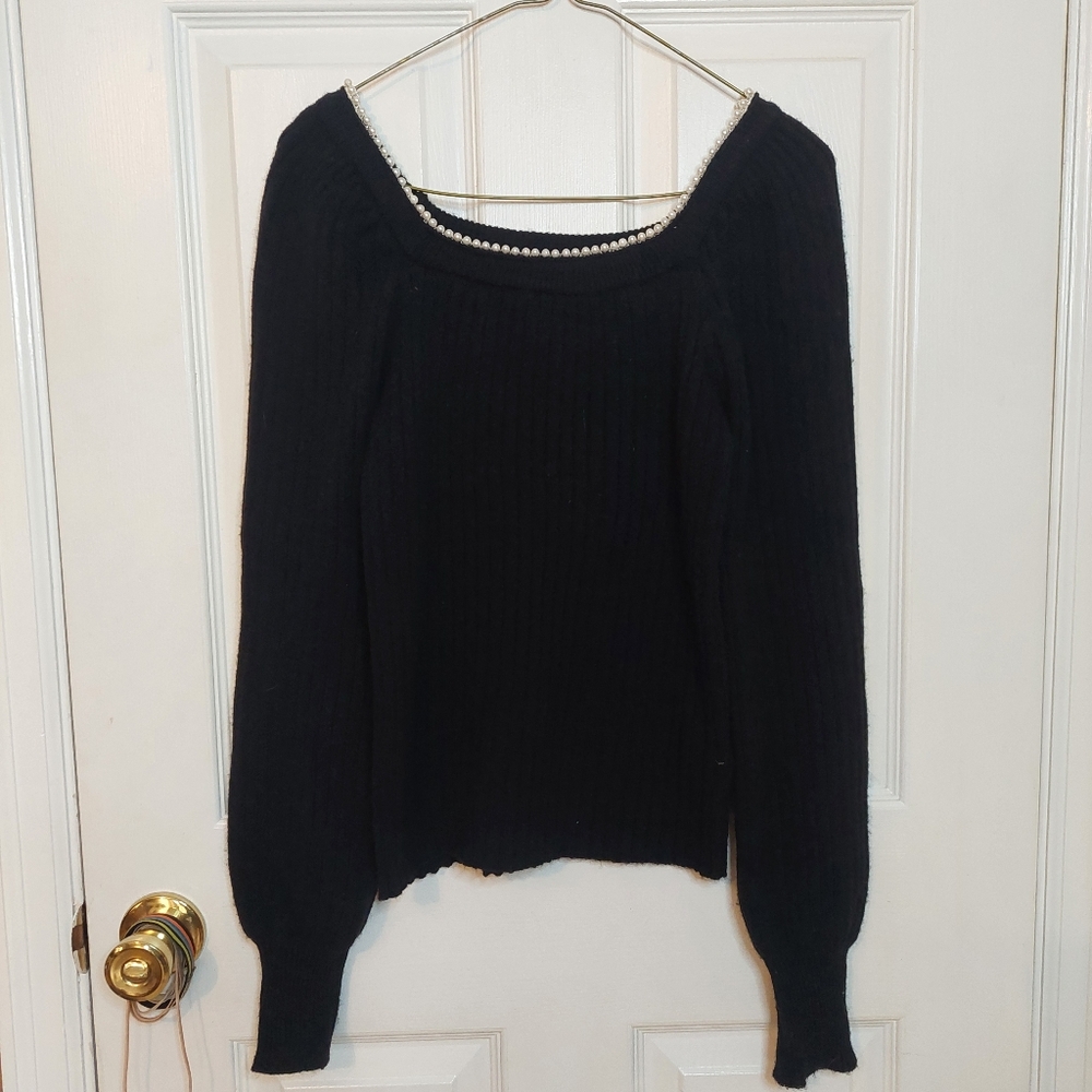 Nanette Lepore Black Pearl Lined Square Neck Balloon Sleeve Sweater Size S